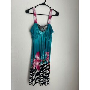Venus Women's‎ Medium Dress Teal Blue Pink Floral Zebra Print Embellished